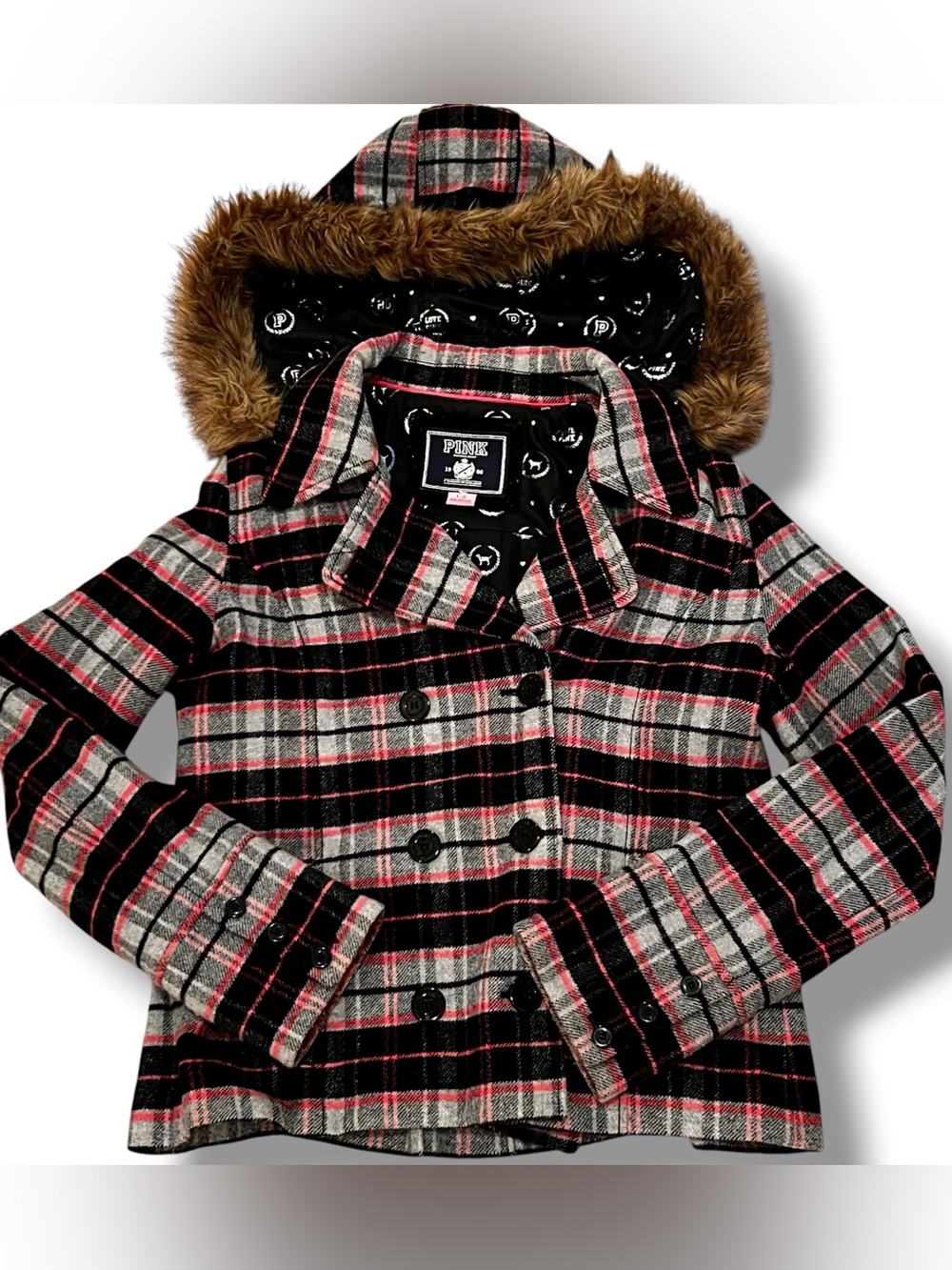 PINK Victoria’s Secret Plaid Fur Trim Pea Coat Jacket Large Y2K Wool Blend L. E8